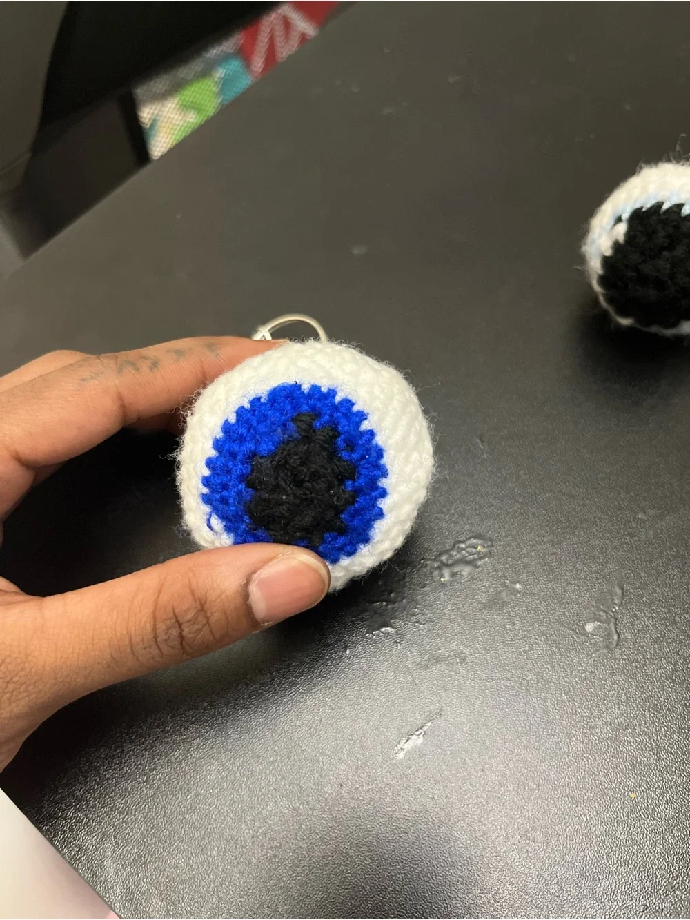Crocheted White Eyeball Key Chain Charm with Blue Iris - Kids Accessory